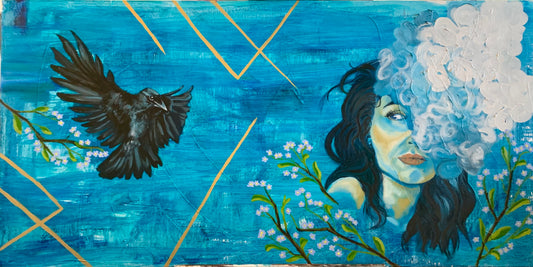 Forget Me Not oil painting on gallery wrapped canvas, 24"x48"
